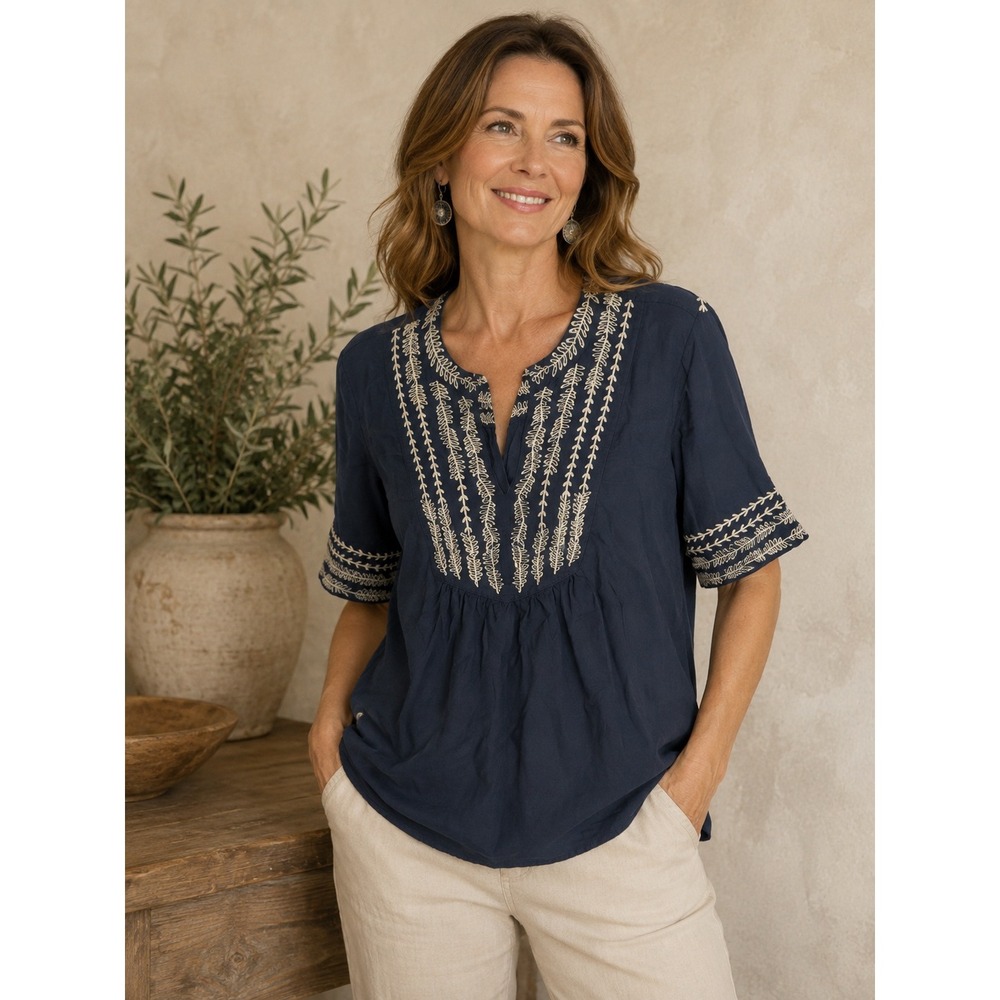 Bob Timberlake Navy Blue Embroidered Split Neck Rayon Peasant Blouse XL